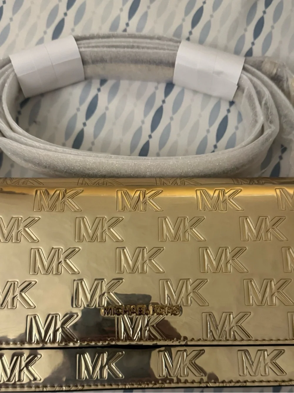 Michael Kors Metallic Gold Embossed MK Clutch Crossbody